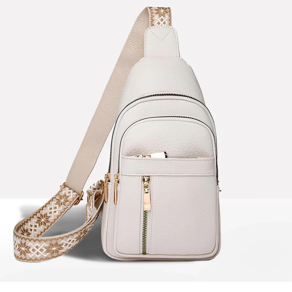 White Crossbody Sling Bag with Embroidered Strap